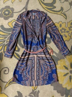 ANTONIO MELANI Blue Paisley Long-Sleeve Shirt Dress with Pink Belt